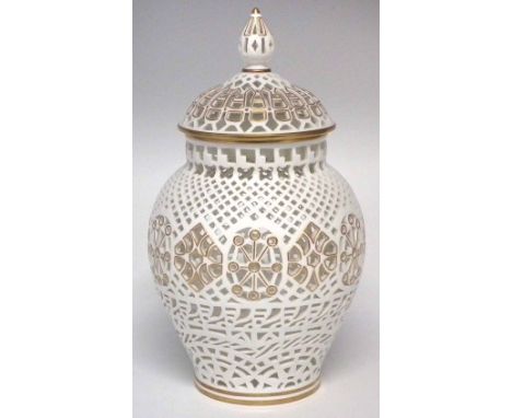 Royal Worcester reticulated vase by Paul Gertner, with gilt picked out details, (2) 23cm high     Condition report: No damage