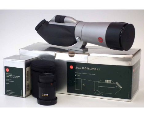 Leica Apo Televid 62 spotting scope, serial no. 222077, with Hoya 62mm UV filter, with a T77: 40x WW / T62: 32 x WW ocular, b
