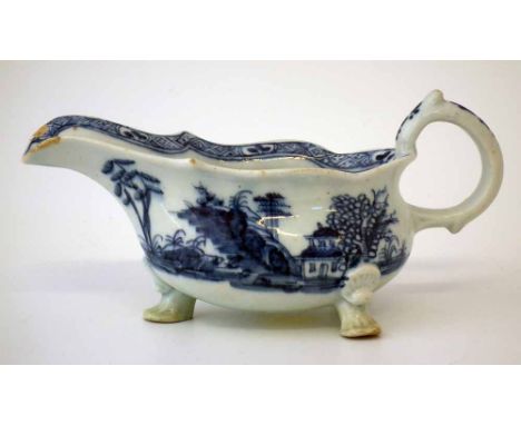 Bow sauceboat circa 1760, with moulded handle supported on three feet, painted with the Desirable Residence pattern, 18.5cm l