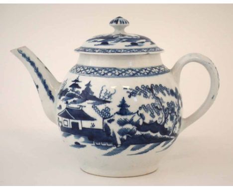 Teapot and cover, possibly Isleworth or Bow circa 1765-70  with heart handle terminal, painted in blue with cannon ball patte