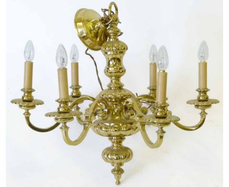 Six branch cast brass electric pendent light.