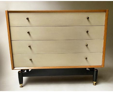 G PLAN CHEST BY E GOMME, with four grey drawers and raised ebonised and gilt platform, 96cm x 47cm x 79cm H. 