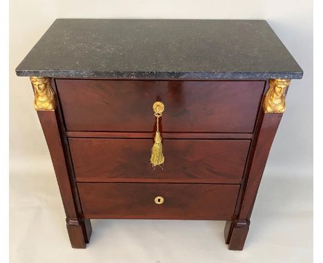 PETITE COMMODE, 83cm H x 78cm W x 43cm D, Empire mahogany and gilt metal mounted with marble top above three drawers. 