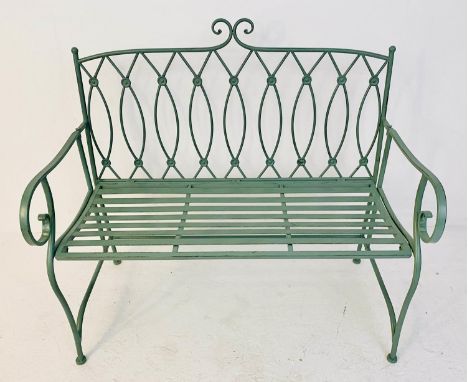 GARDEN BENCH, regency style pistachio green painted metal, 95cm x 105cm x 54cm. 