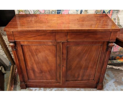 SIDE CABINET, 110cm W x 40cm D x 81cm H, mid 19th century figured mahogany with two frieze drawers over a cupboard. 