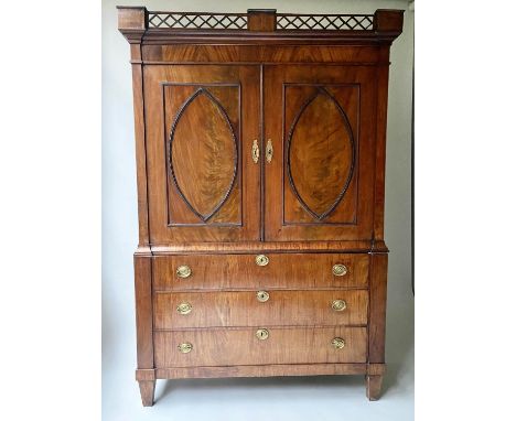 DUTCH LINEN PRESS, 19th century Dutch figured mahogany with trellis cornice, interior shelves, five drawers and a base with t