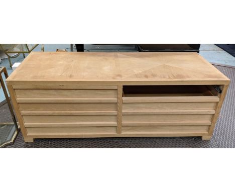 BANK OF DRAWERS, 60cm H x 165cm x 60cm, light oak containing six drawers. 