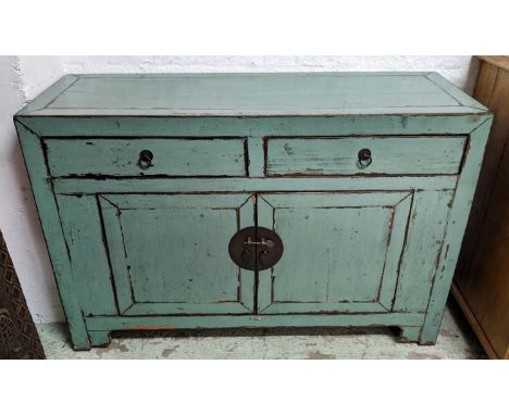 CABINET, 128cm W x 87cm H x 45cm D, Chinese green lacquer with two drawers over two panelled doors enclosing a shelf. 