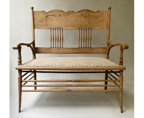 HALL BENCH, Edwardian oak, with pierced carved bar back, with studded linen seat, 103cm W. 