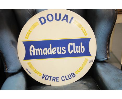 Amadeus Club enamel sign, D: 60 cm. P&amp;P Group 2 (£18+VAT for the first lot and £3+VAT for subsequent lots) 