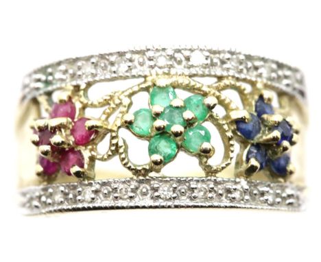 9ct gold ruby, emerald, sapphire and diamond set dress ring, size O/P, 3.7g. P&amp;P Group 1 (£14+VAT for the first lot and £