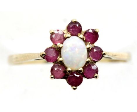 9ct gold opal and ruby set cluster ring, size P, 1.2g. P&amp;P Group 1 (£14+VAT for the first lot and £1+VAT for subsequent l