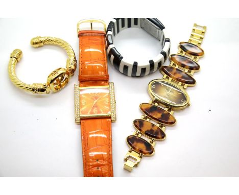 Joan Rivers Classics Collection, three ladies wristwatches (all requiring batteries) and a bangle locket. P&amp;P Group 1 (£1
