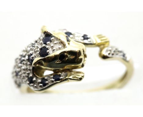 9ct gold sapphire and diamond set leopard ring, size L, 3.0g. P&amp;P Group 1 (£14+VAT for the first lot and £1+VAT for subse