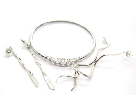 Stone set silver bangle D: 7 cm and two pairs of silver earrings, total weight 24g. P&amp;P Group 1 (£14+VAT for the first lo