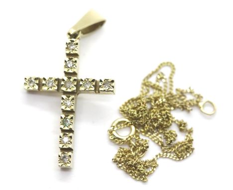 9ct gold diamond set cross pendant on a 9ct chain (chain knotted), 2.7g. P&amp;P Group 1 (£14+VAT for the first lot and £1+VA