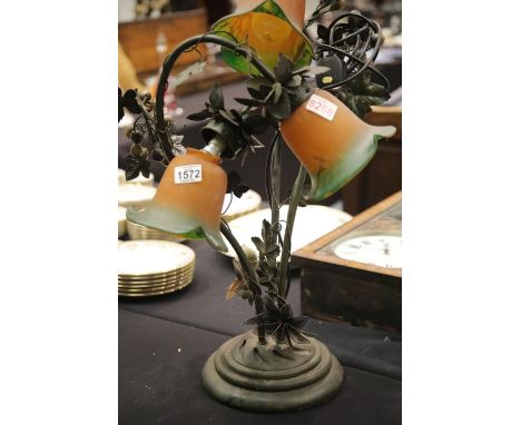 Triple lamp with coloured glass shades. H: 72 cm. In-house P&amp;P is not available on this item. 