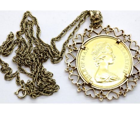 Isle of Man yellow metal coin 1974 mounted in 9ct gold mount on 24" presumed gold chain, 30g. Dia 3cm P&amp;P Group 1 (£14+VA