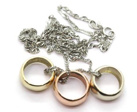 9ct yellow, white and rose gold three-piece pendant on a 9ct white gold neck chain, 4.8g. P&amp;P Group 1 (£14+VAT for the fi