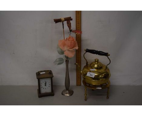 Mixed Lot: A Bayard brass cased carriage clock, small brass kettle and stand and a further stem vase