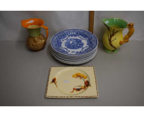 Mixed Lot: Spode blue room collection plates, Burleigh ware jug, further Moyet jug and a Royal Staffordshire Biarritz plate