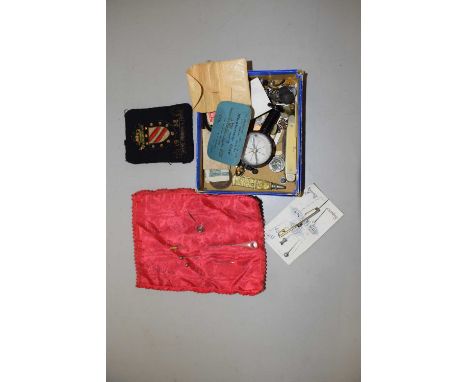 Box of various cufflinks, hat pins, small compass and other items