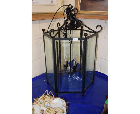Modern iron framed and bevelled glass hanging lantern, 80cm high