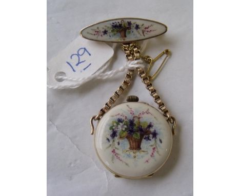 A good 18ct fine enamel fob watch with clasp  decorated with bouquets of flowers     