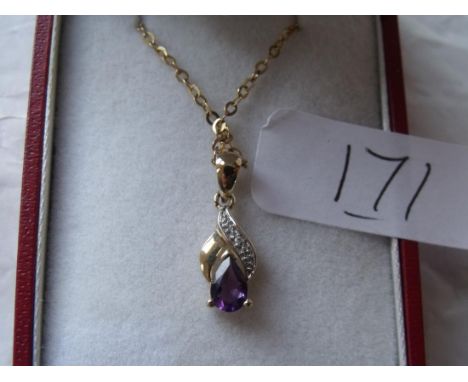 Boxed amethyst & diamond 9ct pendant on  9ct chain 2.1g        