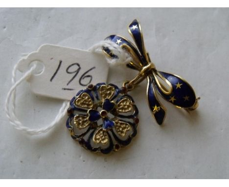 Gold & blue enamel pendant brooch 7.4g    