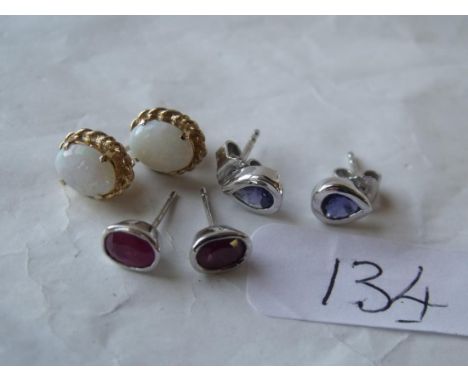 Three pairs 9ct earrings, opal, locite & ruby    
