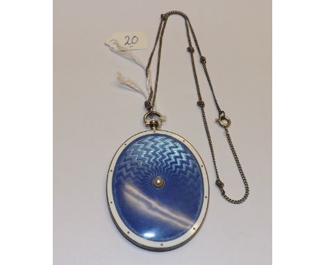 A LARGE SIGNED BLUE/WHITE ENAMEL &amp; SILVER pendant miniature of a young child set with a single pearl to back 2.5” long 34