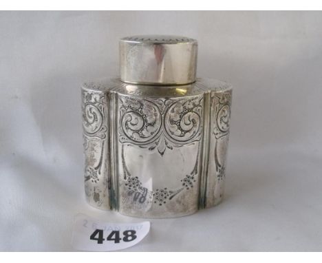 A small embossed tea caddy of quatre – foil section  2.5” wide sheff 1904 by HA   50g     