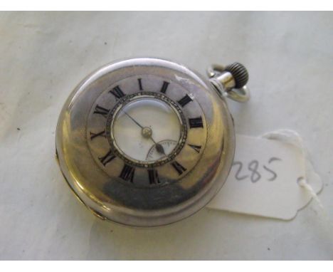 Silver half hunter pocket watch with enamel chapter ring  