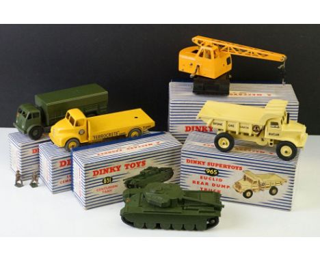 Five boxed Dinky diecast models to include 965 Euclid Rear Dump Truck, 971 Coles mobile Crane, 533 Leyland Cement Wagon, 651 