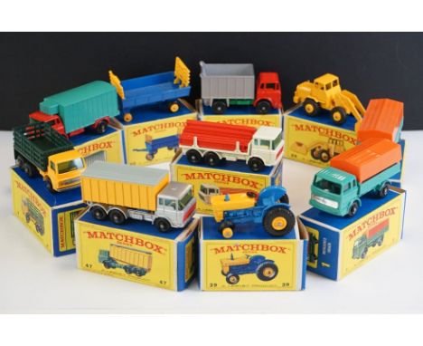 10 Boxed Matchbox 75 Series diecast models to include 69 Hatra Tractor Shovel, 44 Refrigerator Truck, 58 DAF Girder Truck, 40