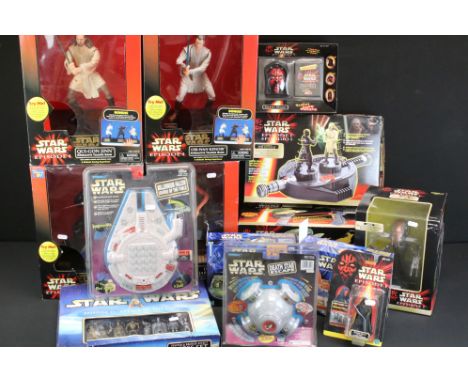 Star Wars - 14 Boxed Star Wars figures and collectibles to include 4 x Think Way (Dancing Jar Jar, Obi-Wan Kenobi Interactive