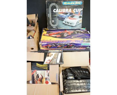 Nine slot cars to include 6 x Scalextric examples (featuring 2 x Scalextric C281-2 motorcycle &amp; side cars - some play wea