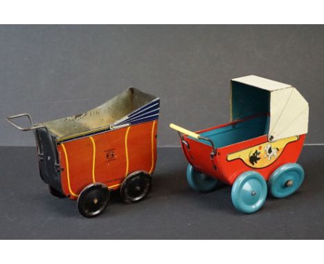Wells Brimtoy Lithographed Tinplate Dolls Pram with brown body, 10cm high together with another English Tinplate Dolls Pram 