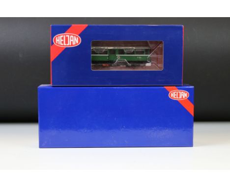 Two boxed Heljan OO gauge locomotives to include 87061 Railbus W&amp;M E79964 green speed whiskers and 88001 W79975 BR light 
