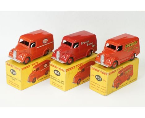 Three boxed Dinky Trojan Van diecast models to include 455 Brooke Bond Tea, 451 Dunlop and 450 ESSO, diecast vg, decals excel