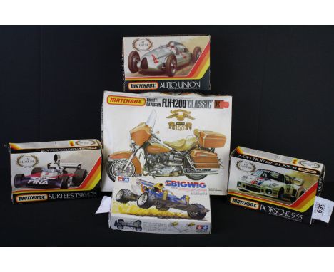 Four boxed Matchbox plastic kits to include 1/12 PK-702 Harley Davidson FLH-1200 Classic (Part built), 1/32 PK-312 Auto Union