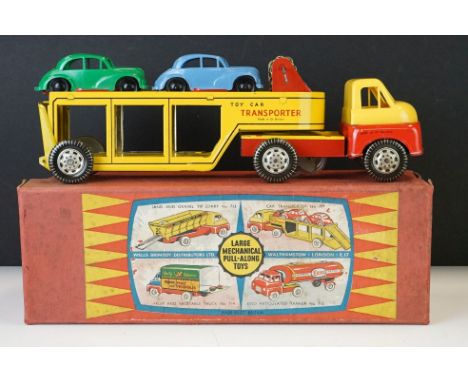 Boxed Wells Brimtoy Large Mechanical Pull Along Toys tin plate 709 Car Transporter model with both cars, tin plate excellent,