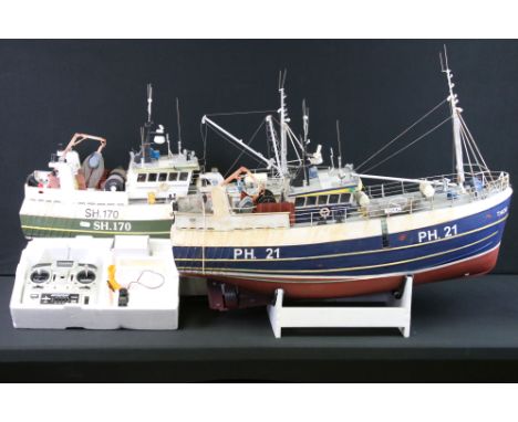 Radio Control - Two scratch-built radio controlled model fishing trawlers with stands to include Maggie M. SH.170 (approx 83c