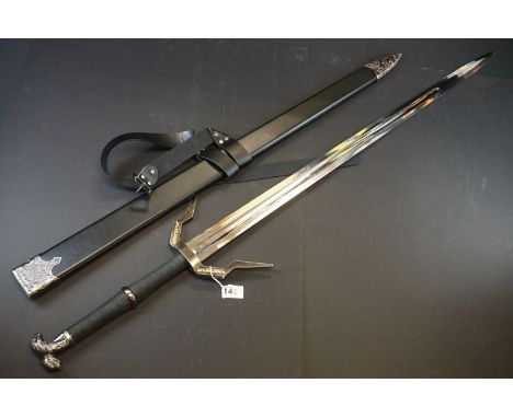 The Witcher 3 detailed stainless steel Geralt's Wolf Pommelled Silver Runed Sword, in scabbard, aprrox 127cm in length 