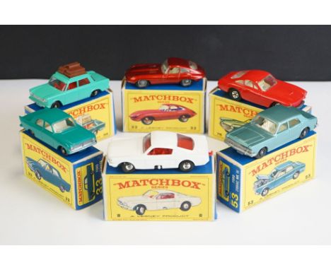 Six boxed Matchbox 75 Series diecast models to include 56 Fiat 1500 in turquoise, 53 Ford Zodiac MK IV in metallic light blue