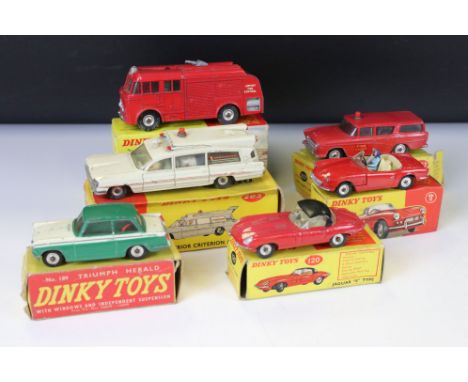 Six boxed Dinky diecast models to include 114 Triumph Spitfire in red (broken windscreen), 189 Triumph Herald in two tone gre