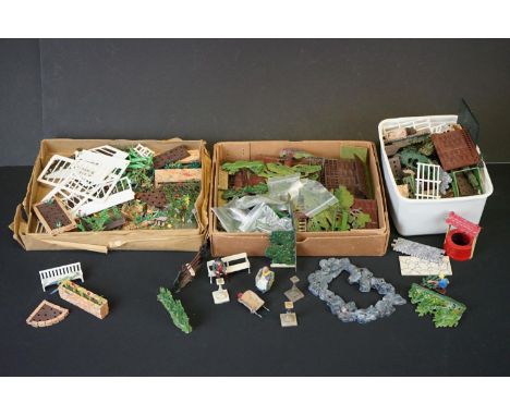 Collection of metal &amp; plastic Britains miniature garden accessories to include benches, roller, fencing, figures, shrubs 