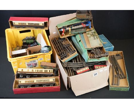 Quantity of Hornby O gauge model railway to include 9 x items of rolling stock, various track and points, boxed Transformer N