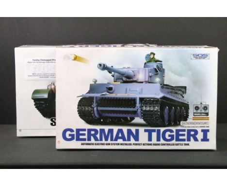 Two boxed Heng Long SOS Series R/C battle tanks, 1/16 scale, to include German Tiger I, no. 3818-1, with hand controller, bat